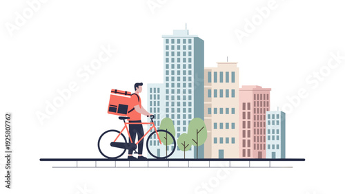 City commute with cyclist delivering packages in urban setting