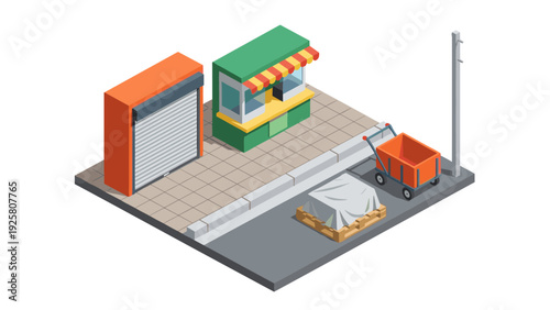 Isometric street market scene with kiosk and cart on pavement