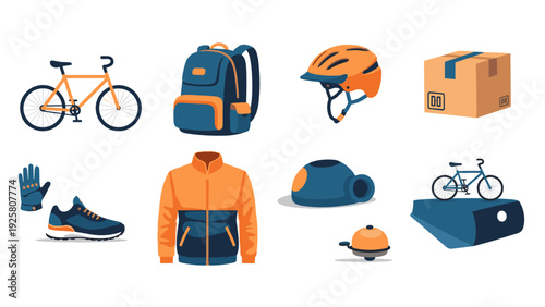 Cycling gear collection: backpack, helmet, bicycle, sportswear, accessories