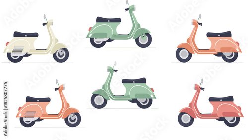 Retro scooters in pastel colors on white background