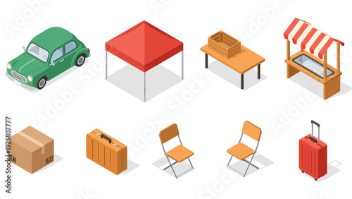 Isometric market elements: tent, table, stalls, and travel essentials