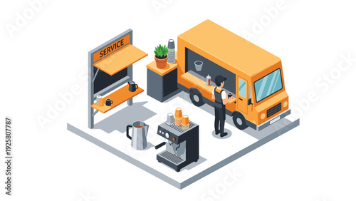 Isometric coffee truck with barista and equipment in urban street scene