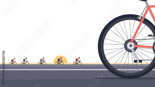 Cyclists racing on open road at sunrise in minimalist style