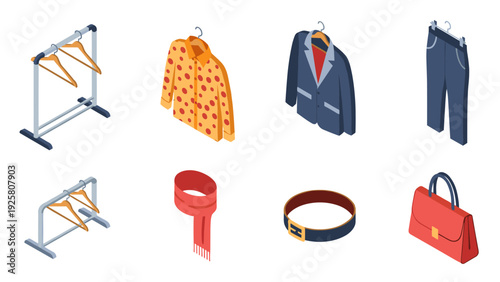 Stylish isometric wardrobe essentials with trendy clothing and accessories