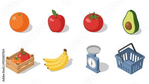 Isometric fresh produce and shopping essentials with various fruits and grocery items