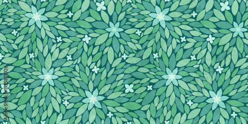 Seamless green leaf pattern with tiny white flowers, seamless botanical vector background for organic skincare branding, nursery textile, tea and herbal packaging