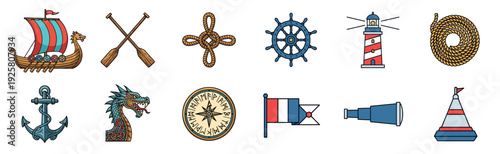 Collection of colorful nautical and Viking icons featuring a longship, anchor, lighthouse, and runic compass in a clean, illustrated cartoon style with bold outlines