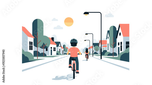Cyclists enjoy a sunny day in a minimal suburban neighborhood scene