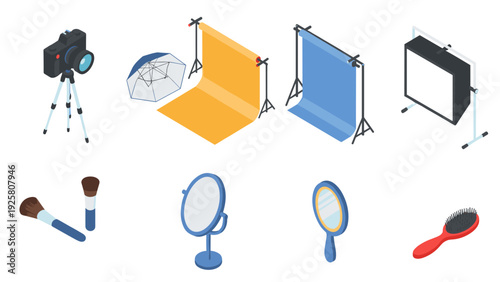 Photography equipment and makeup tools in isometric style for creative studios