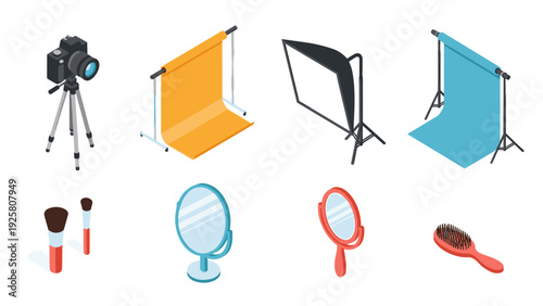 Isometric photography equipment set with backdrops and makeup tools for studio use