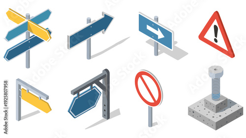 Isometric road signs and navigation elements for urban planning