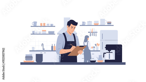 Café kitchen scene: barista taking orders in modern flat style illustration