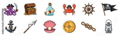 Set of twelve cartoon pirate icons featuring a treasure chest, octopus with a cutlass, anchor, ship's wheel, compass, and Jolly Roger flag for a fun nautical adventure
