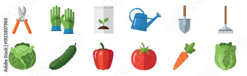 Various colorful gardening tools and fresh vegetables are neatly arranged in a flat design illustration, showcasing essential items for planting, growing, and harvesting produce with vibrant colors