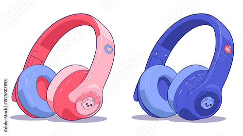 Colorful illustrated image featuring two pairs of over-ear headphones, pink and blue with cartoonish details