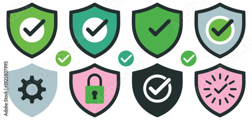 Digital protection shield icons, collection of vector symbols representing verified access, system security, and safety status for software applications, online platforms, and technology design.