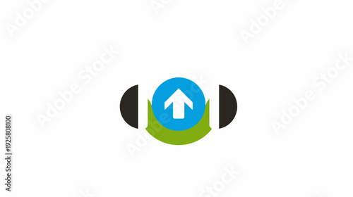 A graphical illustration featuring an upward arrow inside a blue circle, with green and black accents