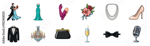Collection of elegant formal event icons featuring a dancing couple, tuxedo, gown, champagne, and accessories for a gala celebration, presented in a colorful cartoon style