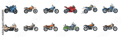Collection of twelve different motorcycle illustrations featuring various models like sport bikes, cruisers, and choppers, all drawn in a colorful, clean cartoon style from a side view