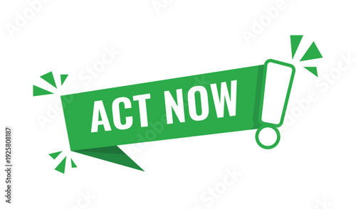 Modern green act now icon in flat design style for immediate action and environmental awareness.