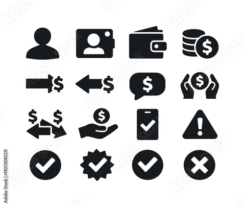 Solid vector icons of peer to peer money sending: user, contact, wallet, balance, send action, receive action, message note,