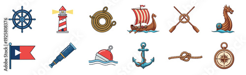Collection of colorful nautical cartoon icons featuring a ship's wheel, lighthouse, anchor, Viking longship, compass, rope, and spyglass in a detailed illustrated set