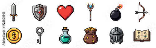 Pixel art fantasy game icons set featuring a sword, shield, heart, staff, bomb, bow, coin, key, potion, gold, helmet, and spellbook for a retro 8-bit adventure