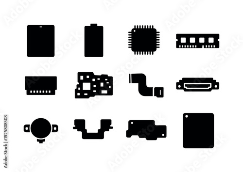 Solid vector icons of tablet hardware components: display panel, battery cell, processor chip, memory module, storage chip, logic