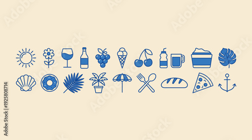 Blue outline vector icon set featuring science lab gear, nature and food items for UI/UX design
