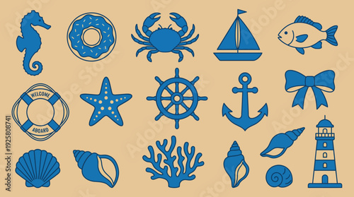 Blue nautical icon set with sea life and maritime symbols including seahorse crab starfish shells anchor wheel sailboat and lighthouse on a beige background