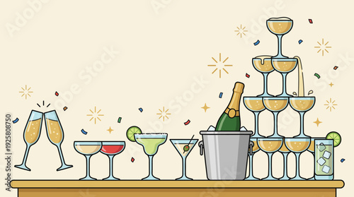 Festive celebration scene featuring champagne flutes, cocktails, an ice bucket, and a champagne tower against a pale beige backdrop.