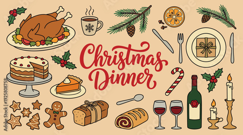A festive Christmas dinner spread featuring a roasted turkey, pies, bread, desserts, wine, candles, and holiday decor