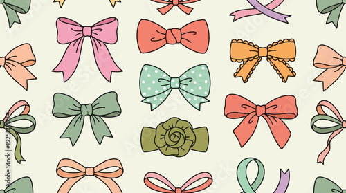 Seamless pattern featuring colorful bows and flowers on a pastel cream background for textiles, wallpapers, and crafts