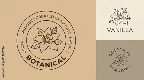 Botanical branding concept with vanilla flower emblem and circular seal for natural product packaging design