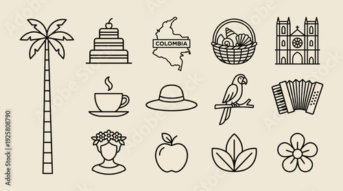Travel and lifestyle icons in a clean line-art vector set: palm tree, cake, globe, cathedral, coffee cup, hat, bird, apple, leaves, flower and more