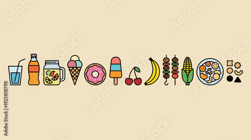 Line of colorful food and drink icons in cute flat design, featuring beverages, fruits, vegetables, desserts, and snacks for apps, websites, and menus.
