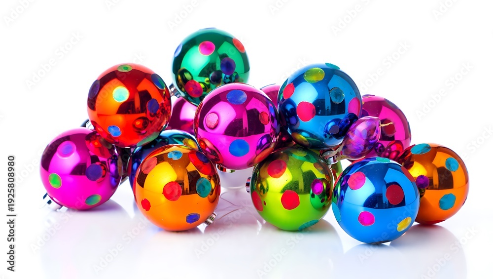 Fototapeta premium Colorful shiny metallic polka dot spheres arranged in a cluster with reflective multicolored surfaces and playful design elements