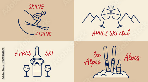 Vintage Alpine ski and apres-ski club collage with hand-drawn mountains, ski icons, and beverage imagery in retro style.