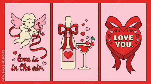 Valentine's Day trio: Cupid, a gift box with champagne flutes, and a heart banner reading I Love You