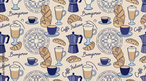 Seamless coffee pattern featuring cups, mugs, beans and pastries in warm beige and blue tones, ideal for textiles, packaging and cafe-themed designs