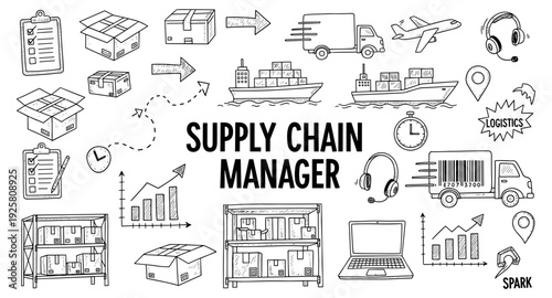 Supply chain management icons and illustrations for logistics and business operations
