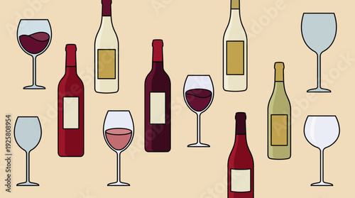 Assorted wine bottles and glasses on a beige background with a varied color palette and elegant stemware arrangement