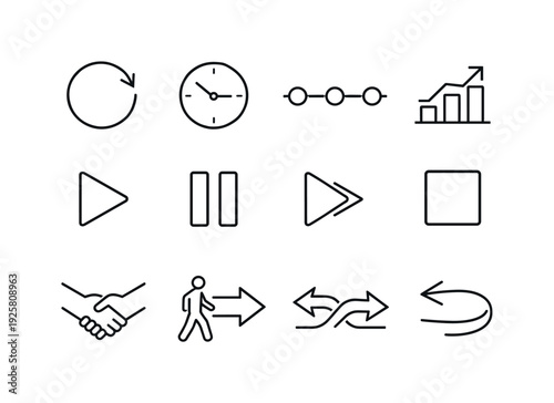 Line style vector icons of interaction history icons: recent, history, timeline, activity; start, pause, resume, stop; join,