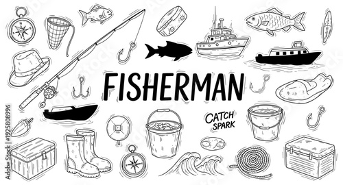 Collection of hand-drawn fishing equipment and boats in a doodle style