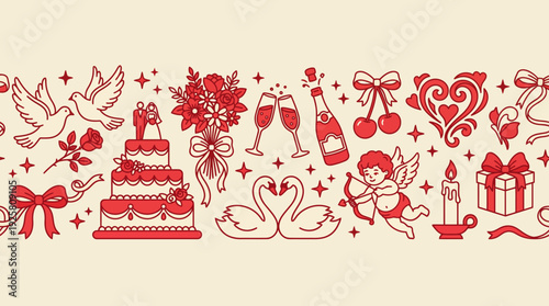 Romantic red doodle wedding illustration featuring cake, champagne, rings, hearts, doves, gifts, and swans on vintage parchment background