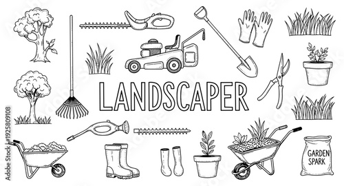 Collection of hand-drawn gardening tools and elements for landscaping projects