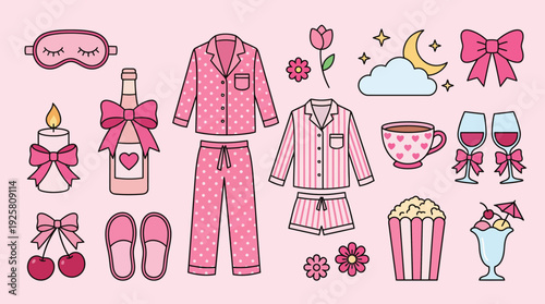 Flat lay illustration of pink sleepwear set with pajamas, robe, slippers, bows, and decorative props