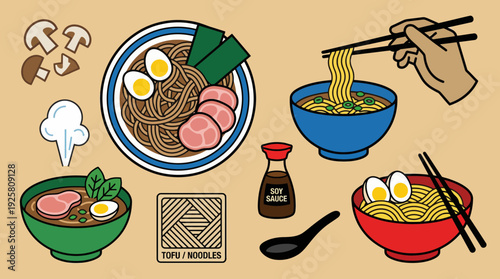Colorful illustrated scene of ramen and noodle bowls with chopsticks, a steak plate, soy sauce, and steaming soups for Asian cuisine-inspired cooking art.