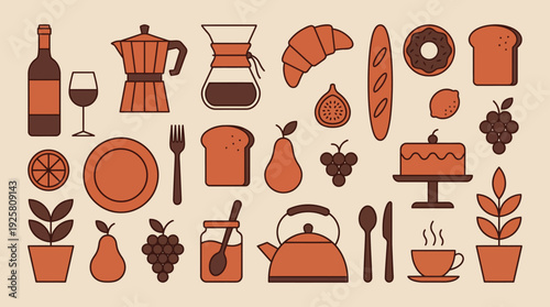 Warm-toned kitchen and cafe icons featuring coffee gear, breads, pastries, fruits, and utensils in a vintage flat design style