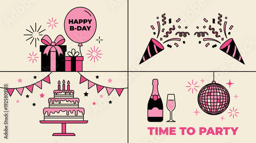 Whimsical birthday party illustration featuring gifts, a layered cake, balloons, banners, and confetti in pink and black tones for celebration visuals